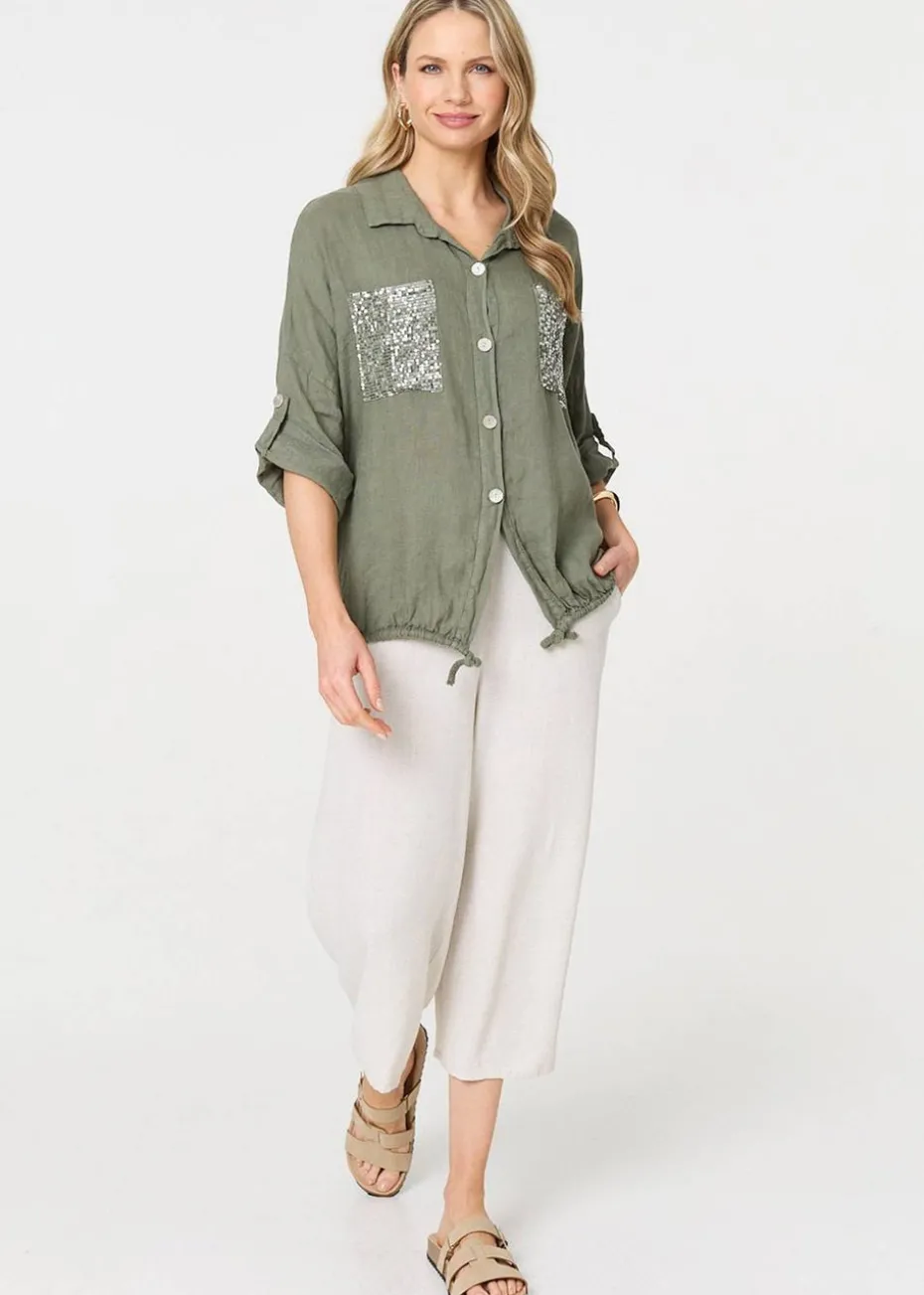 Izabel London Khaki Sequin Detail 3/4 Turn-Up Sleeve Shirt