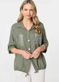 Izabel London Khaki Sequin Detail 3/4 Turn-Up Sleeve Shirt
