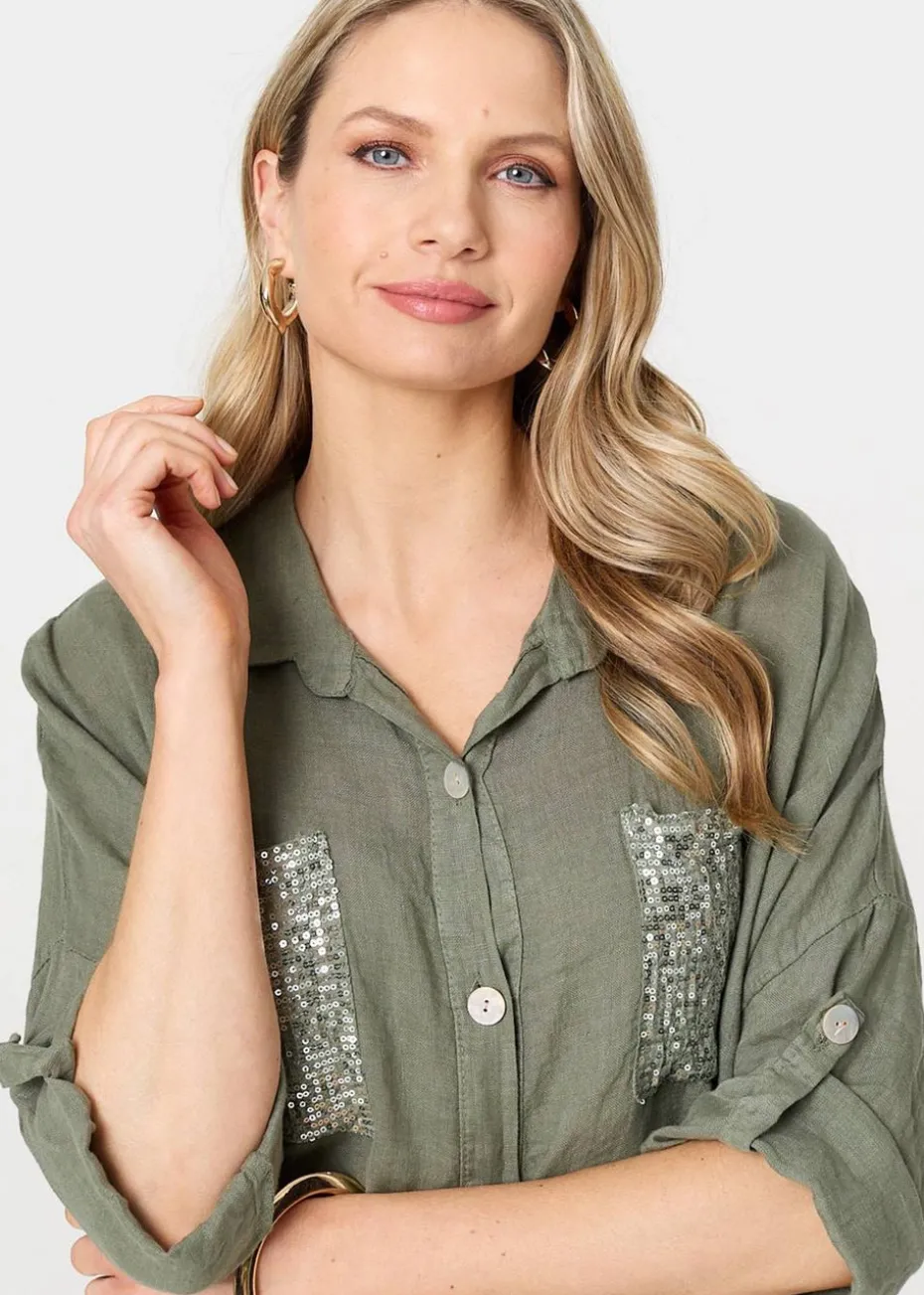 Izabel London Khaki Sequin Detail 3/4 Turn-Up Sleeve Shirt