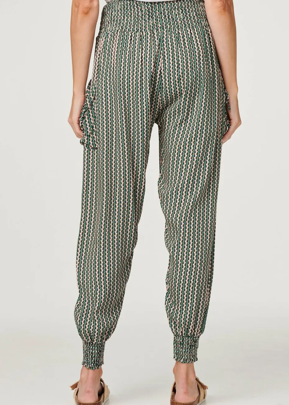 Izabel London Khaki Stripe Print Pocket Detail Harem Pants