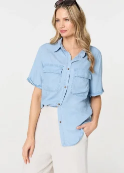 Izabel London Light Blue Short Sleeve Boxy Pocket Detail Shirt