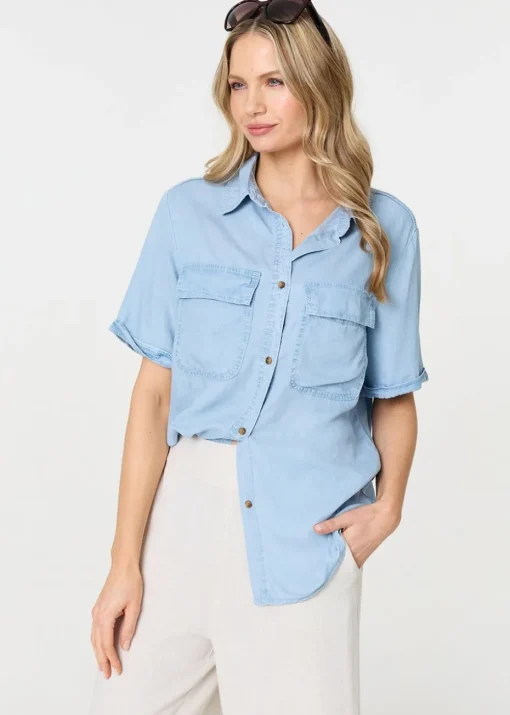 Izabel London Light Blue Short Sleeve Boxy Pocket Detail Shirt
