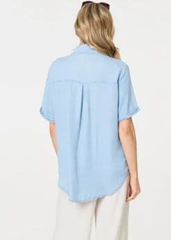 Izabel London Light Blue Short Sleeve Boxy Pocket Detail Shirt