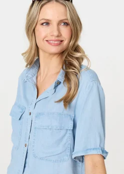 Izabel London Light Blue Short Sleeve Boxy Pocket Detail Shirt