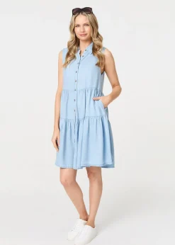 Izabel London Light Blue Sleeveless Tiered Shirt Midi Dress