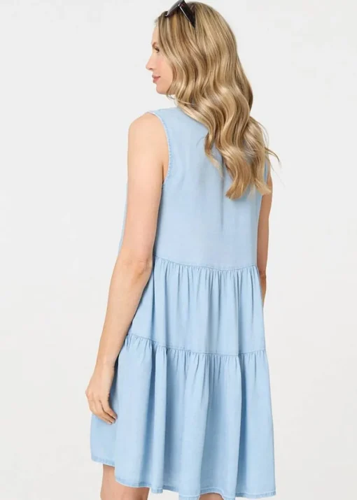 Izabel London Light Blue Sleeveless Tiered Shirt Midi Dress