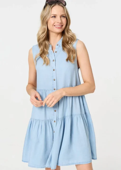 Izabel London Light Blue Sleeveless Tiered Shirt Midi Dress