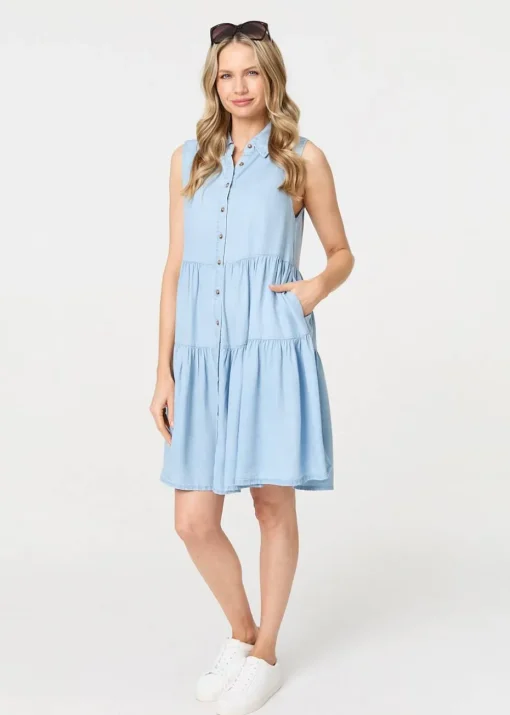 Izabel London Light Blue Sleeveless Tiered Shirt Midi Dress