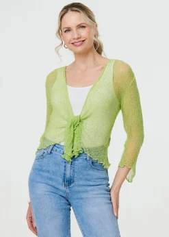 Izabel London Light Green Sheer 3/4 Sleeve Open Front Cardigan