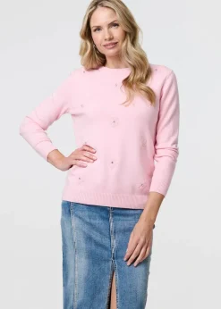 Izabel London Light Pink Floral Gemstone Embellished Jumper