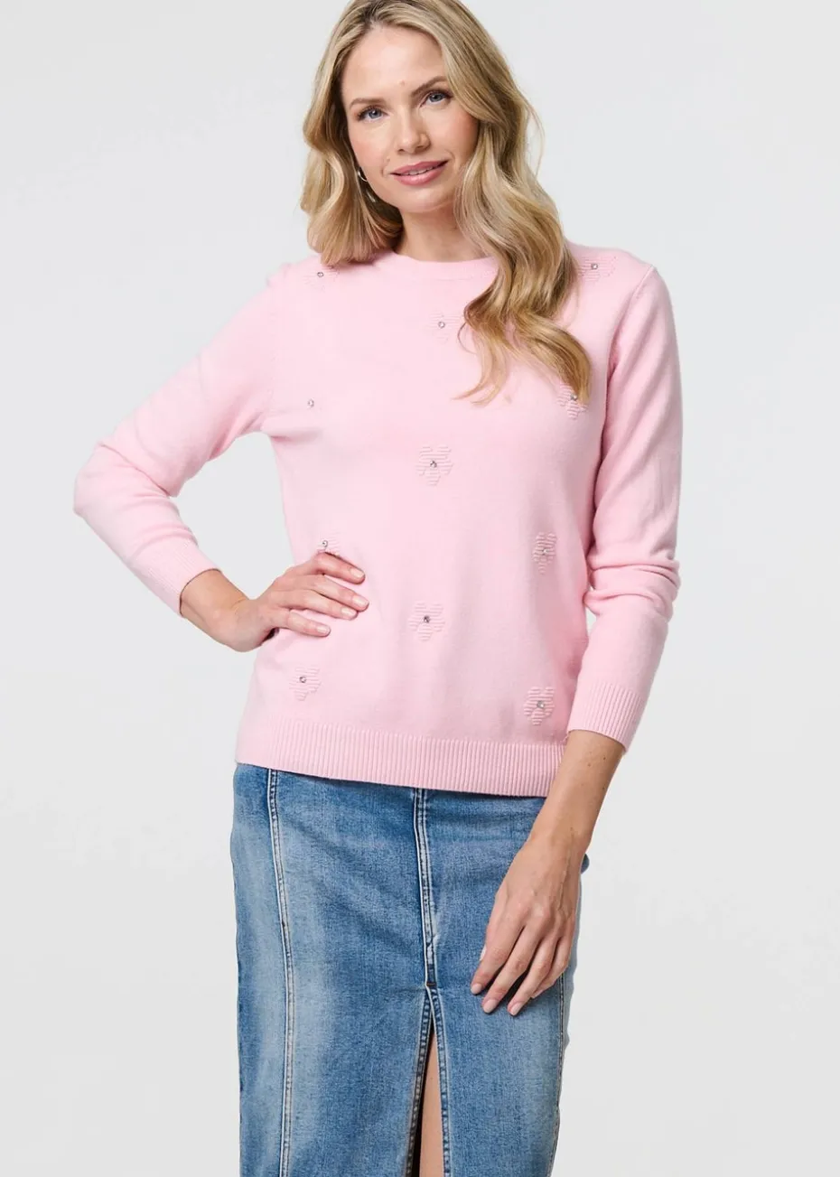 Izabel London Light Pink Floral Gemstone Embellished Jumper