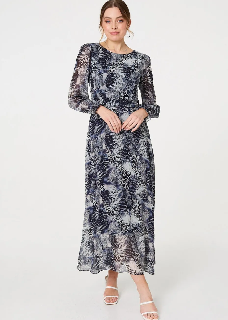 Izabel London Navy Animal Print Semi Sheer Maxi Dress