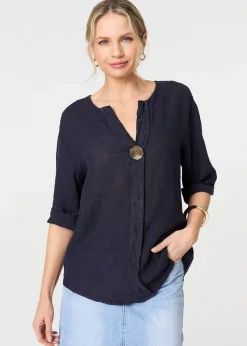 Izabel London Navy Button Detail V-Neck Blouse