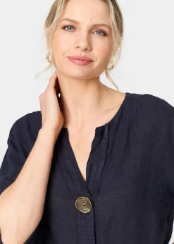 Izabel London Navy Button Detail V-Neck Blouse