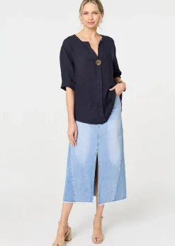 Izabel London Navy Button Detail V-Neck Blouse