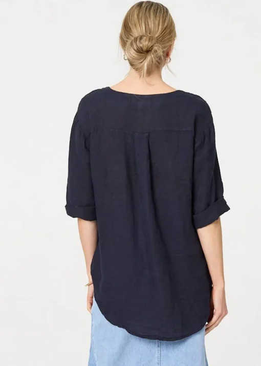 Izabel London Navy Button Detail V-Neck Blouse