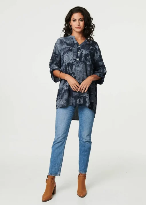 Izabel London Navy Floral 3/4 Sleeve Relaxed Blouse