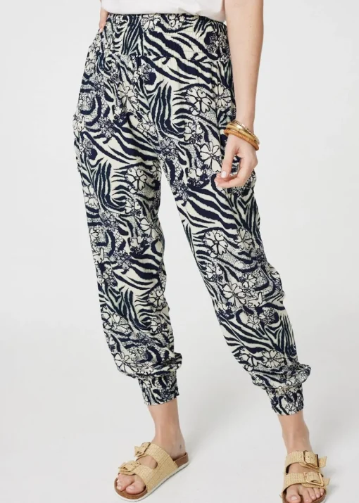 Izabel London Navy Floral Animal Print Harem Trousers
