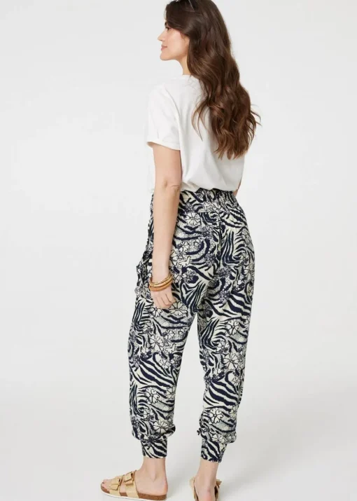 Izabel London Navy Floral Animal Print Harem Trousers