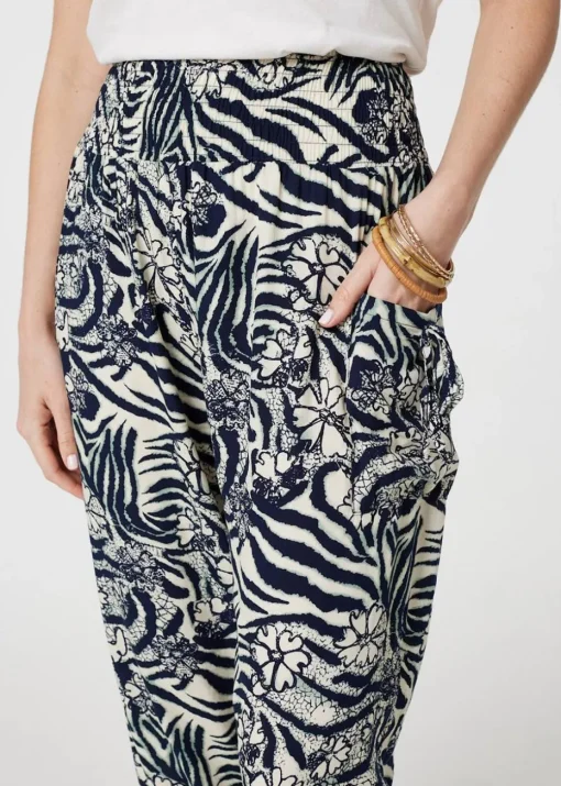 Izabel London Navy Floral Animal Print Harem Trousers