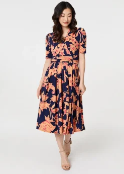 Izabel London Navy Floral 1/2 Sleeve Faux Wrap Midi Dress