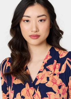 Izabel London Navy Floral 1/2 Sleeve Faux Wrap Midi Dress