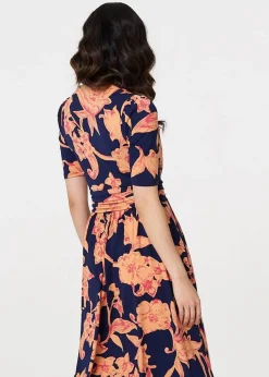 Izabel London Navy Floral 1/2 Sleeve Faux Wrap Midi Dress