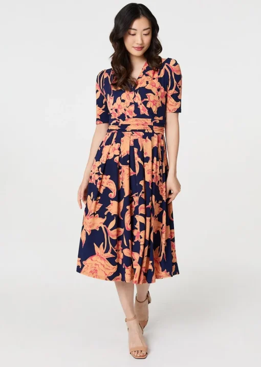Izabel London Navy Floral 1/2 Sleeve Faux Wrap Midi Dress