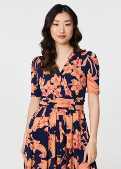 Izabel London Navy Floral 1/2 Sleeve Faux Wrap Midi Dress