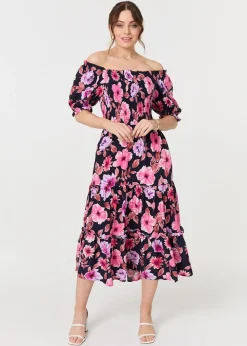 Izabel London Navy Floral Puff Sleeve Bardot Midi Dress