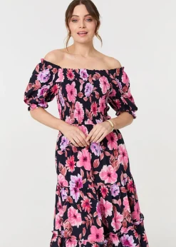 Izabel London Navy Floral Puff Sleeve Bardot Midi Dress