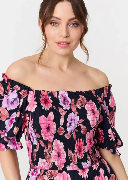 Izabel London Navy Floral Puff Sleeve Bardot Midi Dress