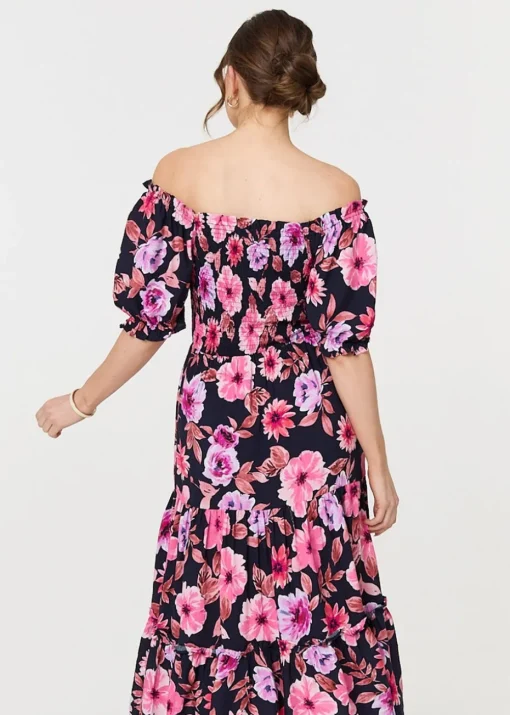 Izabel London Navy Floral Puff Sleeve Bardot Midi Dress
