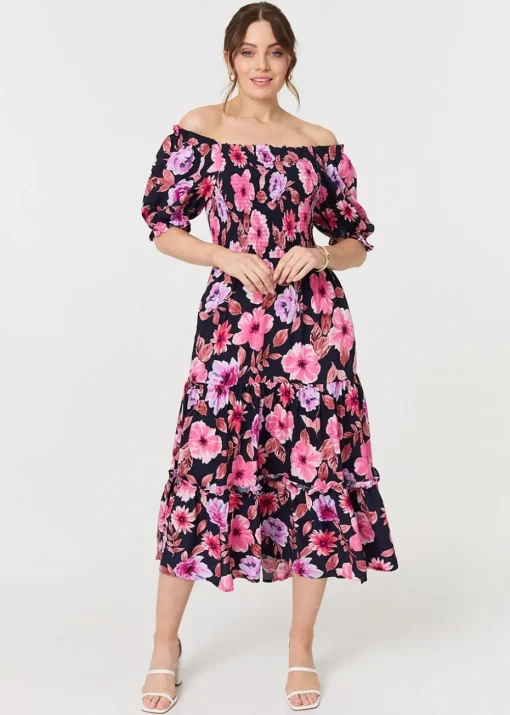 Izabel London Navy Floral Puff Sleeve Bardot Midi Dress
