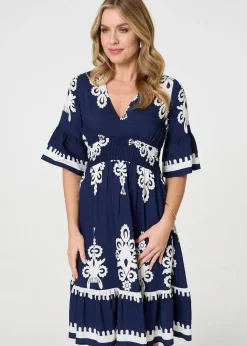Izabel London Navy Ikat Print Relaxed Short Dress