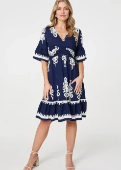 Izabel London Navy Ikat Print Relaxed Short Dress