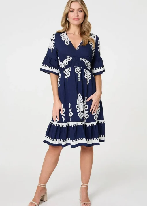 Izabel London Navy Ikat Print Relaxed Short Dress