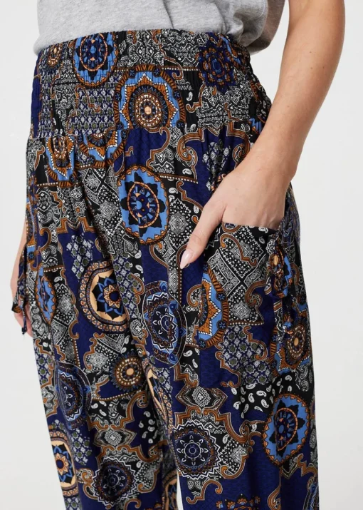 Izabel London Navy Mosaic Print Pocket Detail Pants