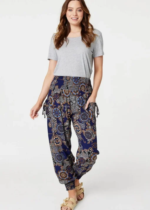 Izabel London Navy Mosaic Print Pocket Detail Pants