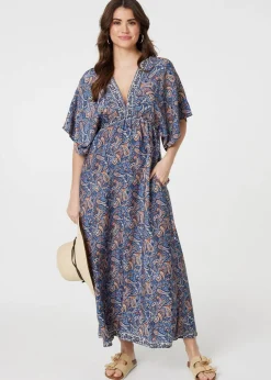 Izabel London Navy Paisley Print Kimono Sleeve Midi Dress