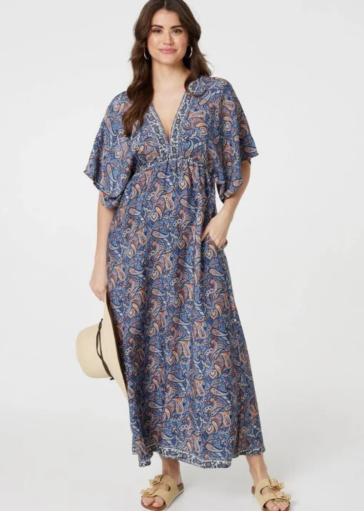 Izabel London Navy Paisley Print Kimono Sleeve Midi Dress