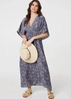 Izabel London Navy Paisley Print Kimono Sleeve Midi Dress