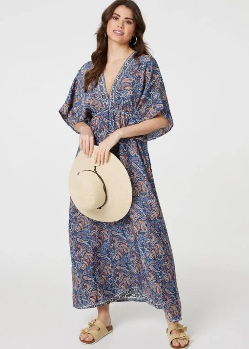 Izabel London Navy Paisley Print Kimono Sleeve Midi Dress