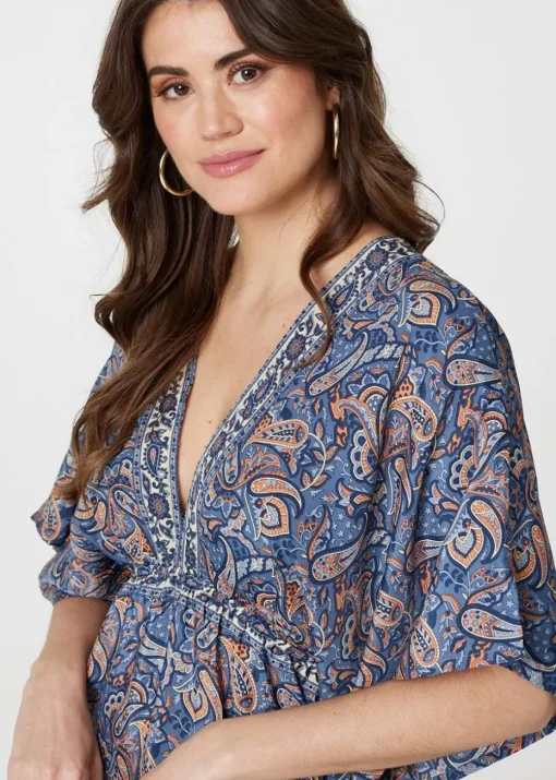 Izabel London Navy Paisley Print Kimono Sleeve Midi Dress
