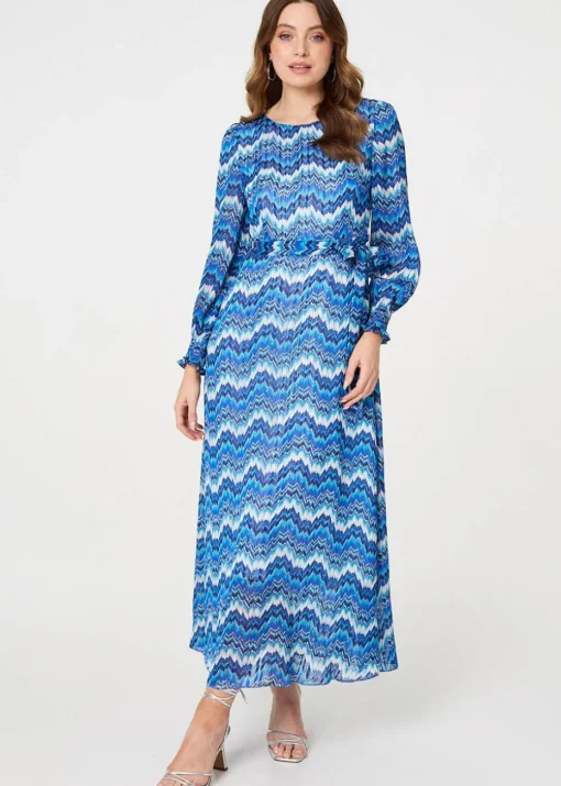 Izabel London Navy Printed Long Sleeve Tie Waist Dress