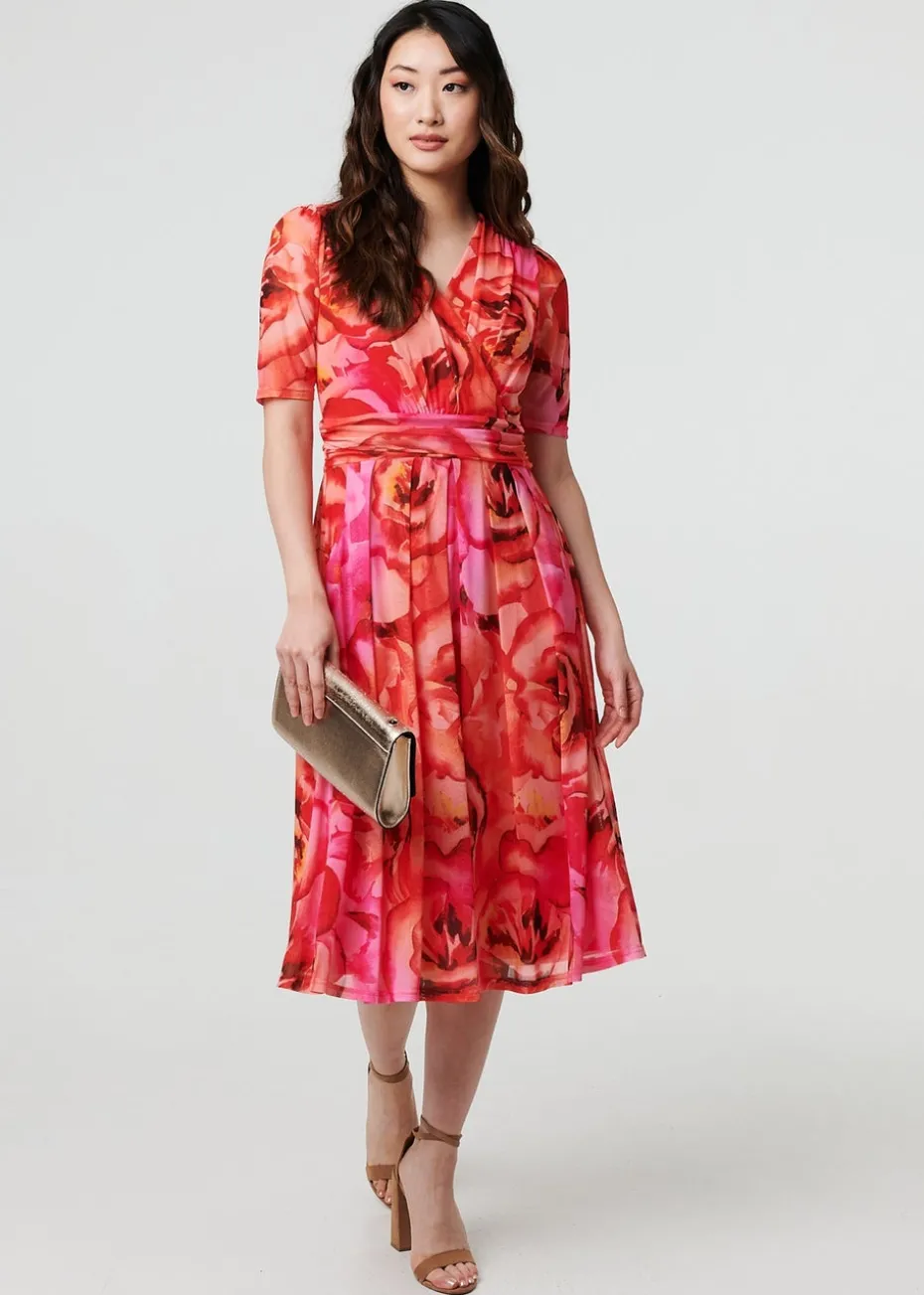 Izabel London Orange Floral Mesh Ruched Midi Faux Wrap Dress