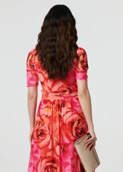 Izabel London Orange Floral Mesh Ruched Midi Faux Wrap Dress