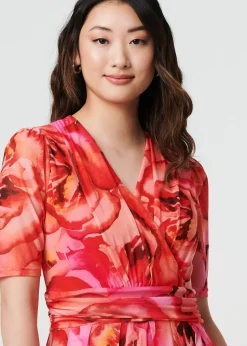 Izabel London Orange Floral Mesh Ruched Midi Faux Wrap Dress