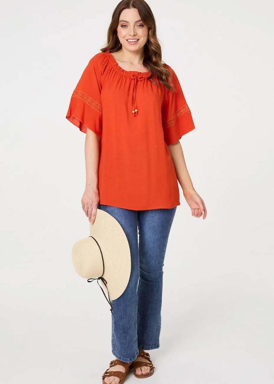 Izabel London Orange Lace Trim Bardot Tie Neck 1/2 Sleeve Blouse