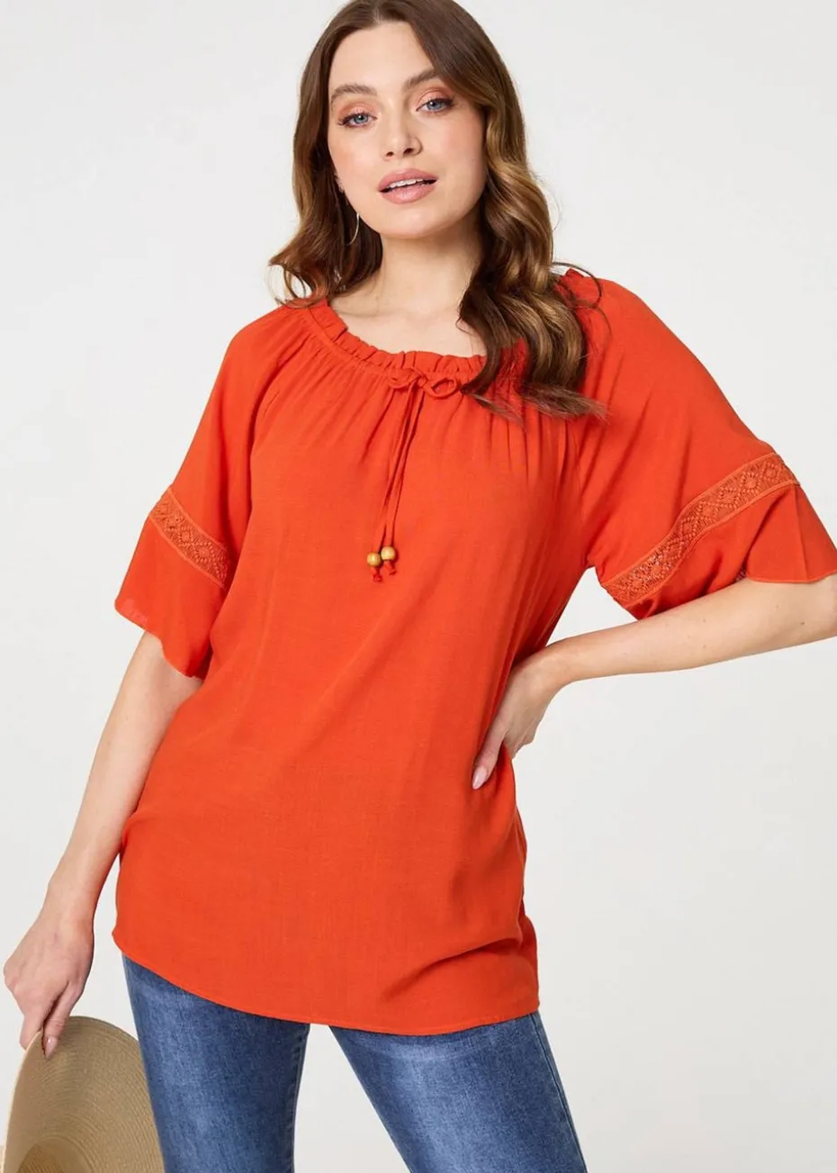 Izabel London Orange Lace Trim Bardot Tie Neck 1/2 Sleeve Blouse